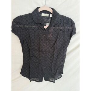 Kimchi & Blue Black Eyelet Lace Button Down Top Peter Pan Collar Puff Sleeve XS